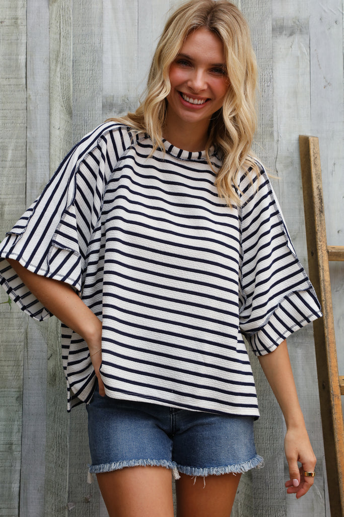 Casual Chic Cotton Navy & Cream Stripe Raglan 3/4 Sleeve Pullover