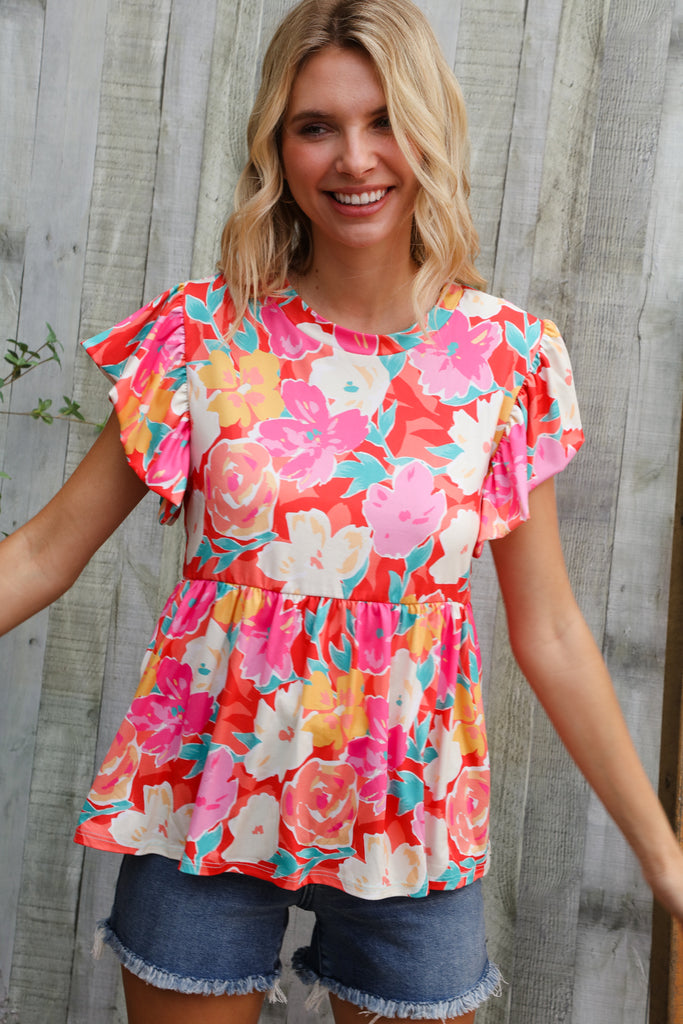 Feeling Femme' Coral Floral Print Folded Short Sleeve Babydoll Top