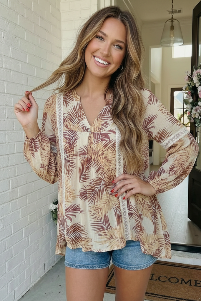 Tropical Palms Boho Babydoll Top