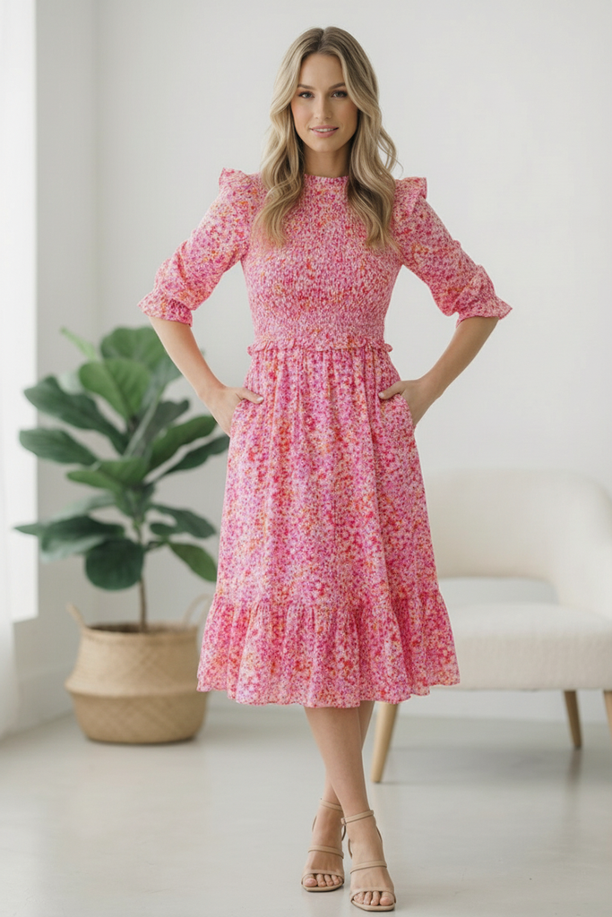 Be My Spring Sweetie Pink Floral Smocked Dress