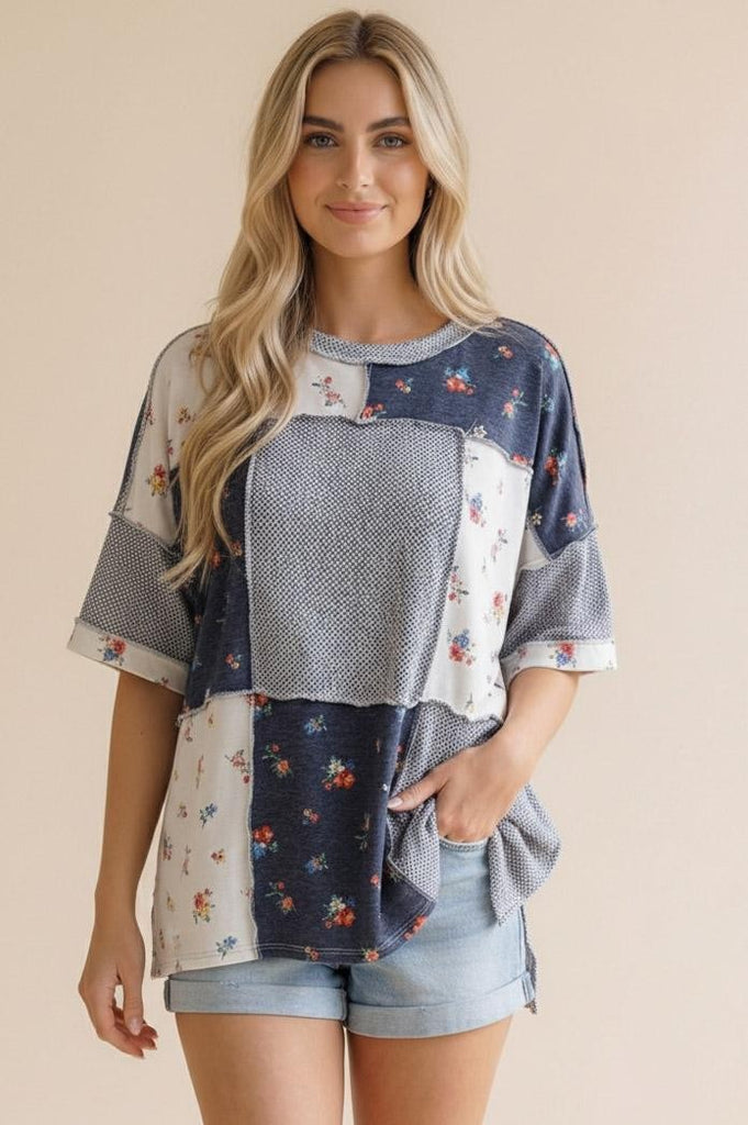 Patchwork Floral Mixed Print Oversized Top