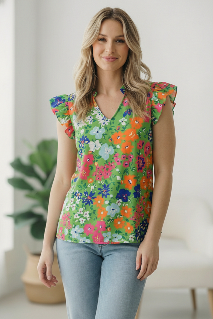 Garden Party Floral Ruffle Sleeve Blouse